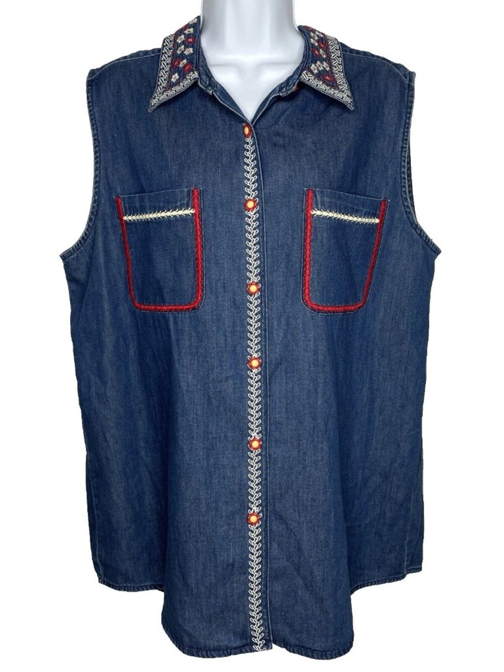 Vintage 80s Bechamel Blue Denim Sleeveless Shirt Top Size XL Floral Embroidered